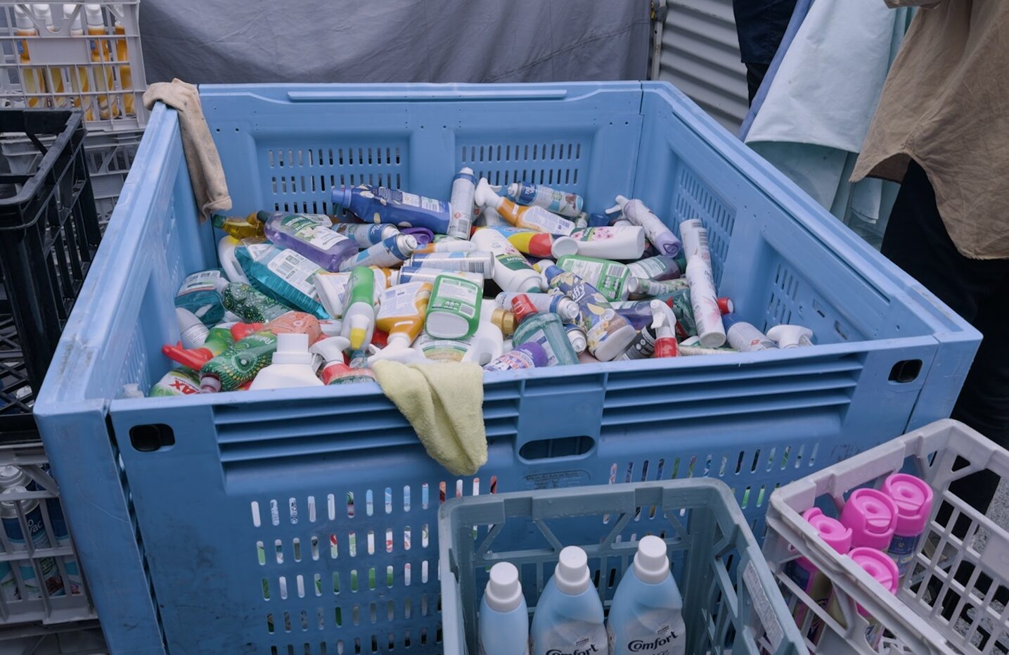 Crates containing rescued food ready to be sorted at New Life Foodbarn